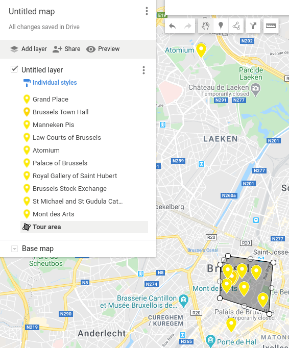 Screenshot of a personalized Google Maps showing places of interest in Brussels, Belgium.